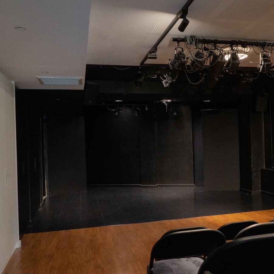 L’espace noir : le parquet, la scène, la grille de projecteurs et les premiers fauteuils.